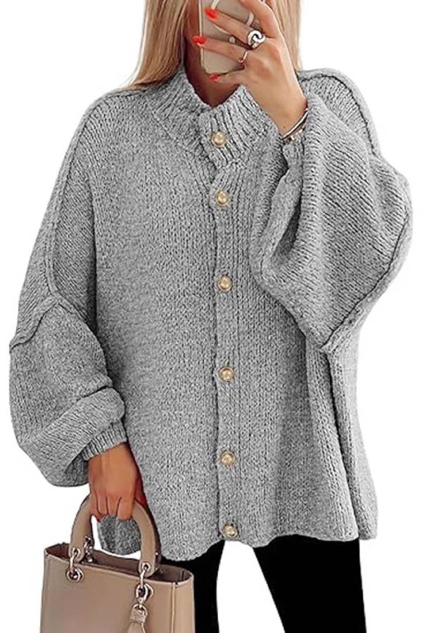 Oversized Lantern‑Sleeve Gold Button Knit Cardigan