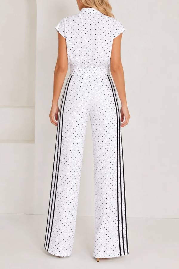 Sporty Polka Dot Striped Print Short Sleeve Jacket and High Rise Elastic Waist Wide Leg Pants Set
