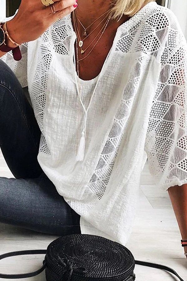 Cotton Linen Blend Patchwork Hollow Out Tassel Blouse