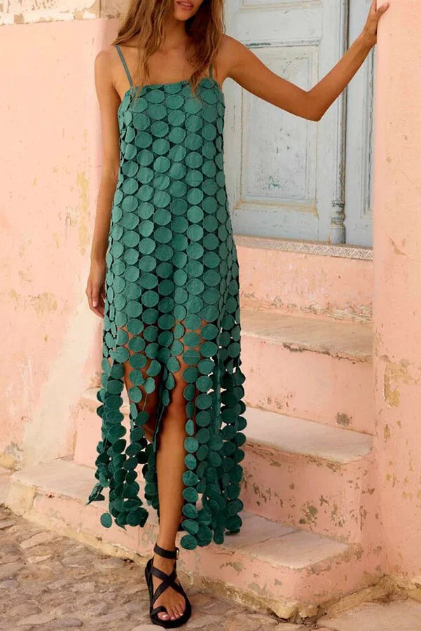 Juju Embroidered Cutout Polka Dots Square Neck Tassel Hem Slip Maxi Dress