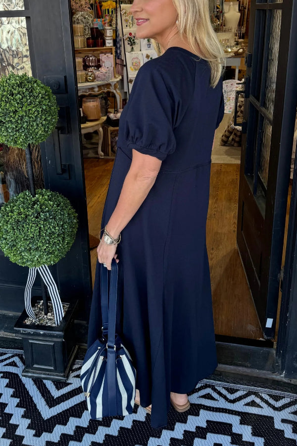 Women's Puff Sleeve Round Neck Long Dress