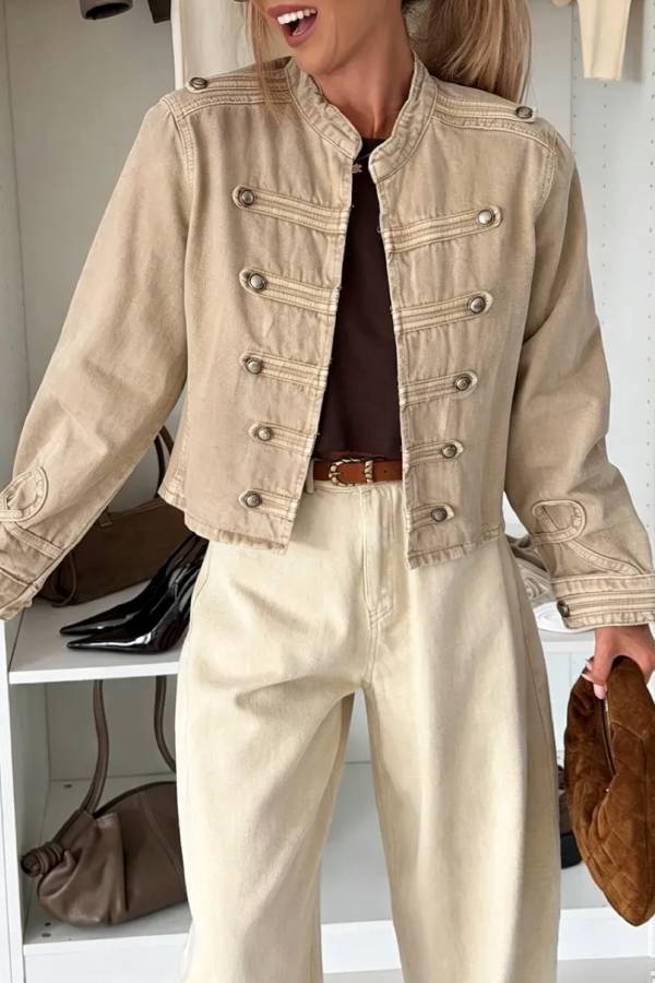 Vintage Military‑Style Metal Button Cropped Denim Jacket