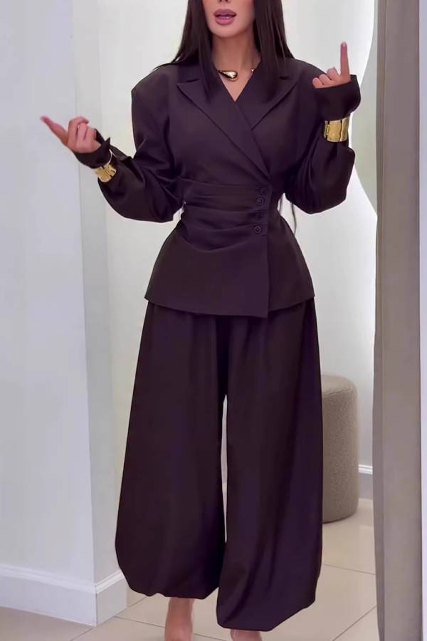 Ruched Waist Asymmetrical Blazer & Cuffed Pants Two‑Piece Set