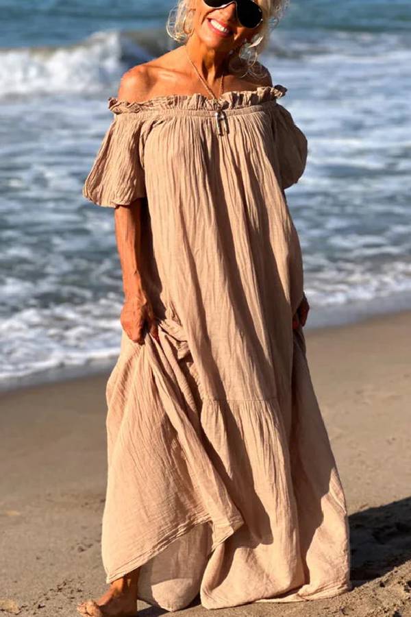 Linen Blend Ruffle Off Shoulder Puff Sleeve A-line Maxi Dress