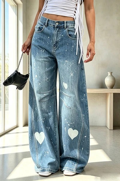 Stylish and Playful Graffiti Heart Print Denim High Rise Pocket Wide Leg Jeans