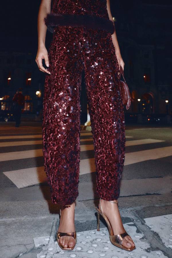 Gala Goddess Sequin High Rise Zipper Waist Wide Leg Pants