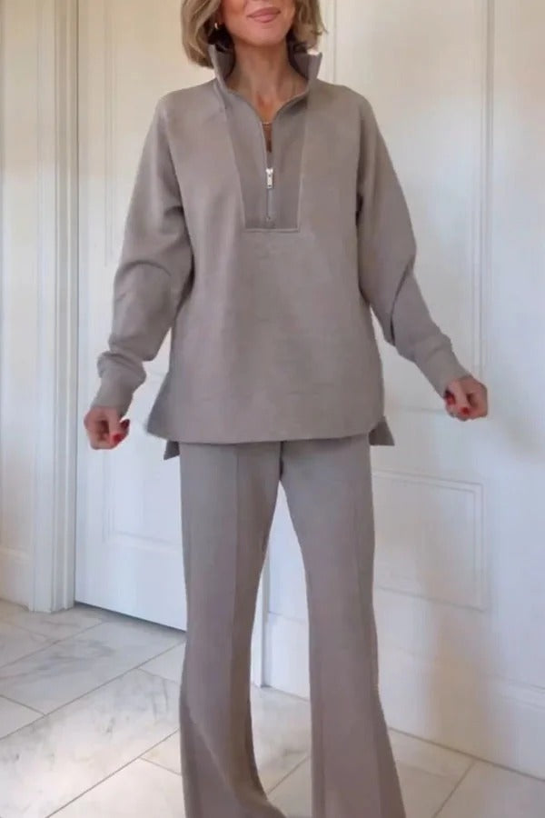 Alfia Ribbed Stand Zipper Neck Long Sleeve Sweatshirt and Button Elastic Waist Pocketed Loose Pants Set