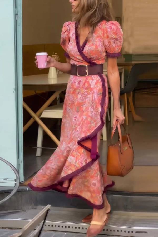 Puff Sleeve Colorblock Trim Wrap Floral Maxi Dress