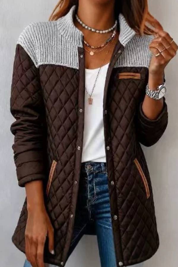 Knit Splicing Diamond Quilted Mid-Length Puffer Coat