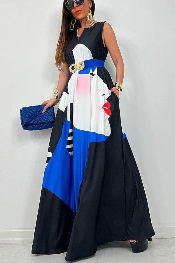 Mexican Tribal Style Unique Print Pocketed A-line Loose Maxi Dress