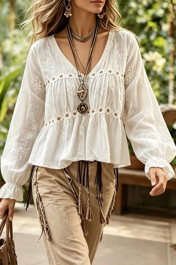Floral V-Neck Flounce Sleeve Peplum Blouse