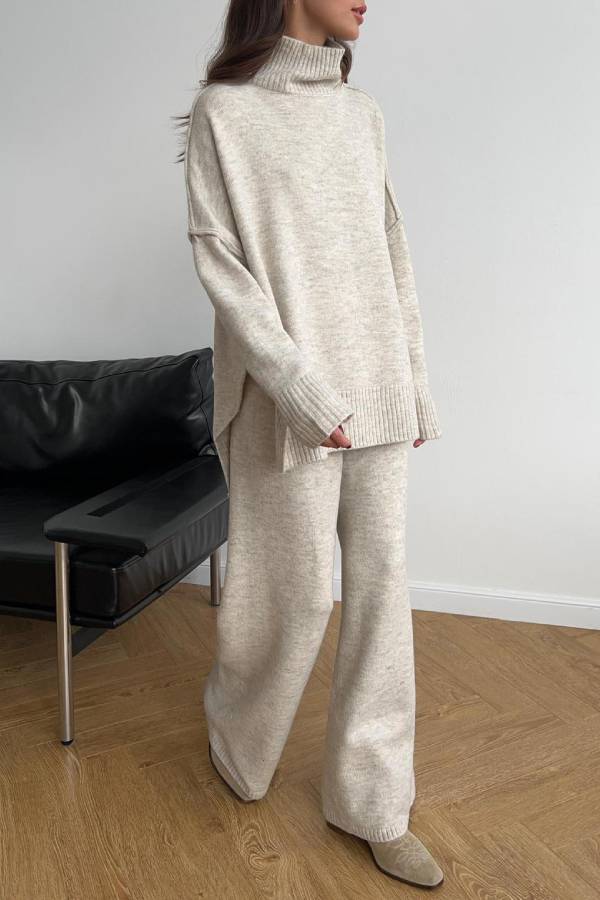High-neck loose-fitting knit sweater and wide-leg pants two-piece set