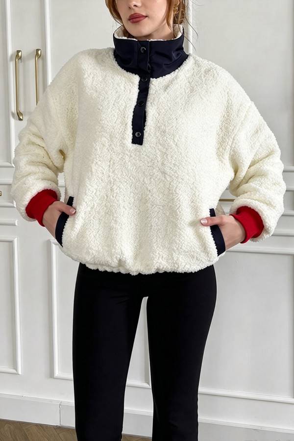 Plaid Teddy Bear Print Colorblock High-Pile Fleece Zipper High Neck Long Sleeve Pocket Sweatshirts