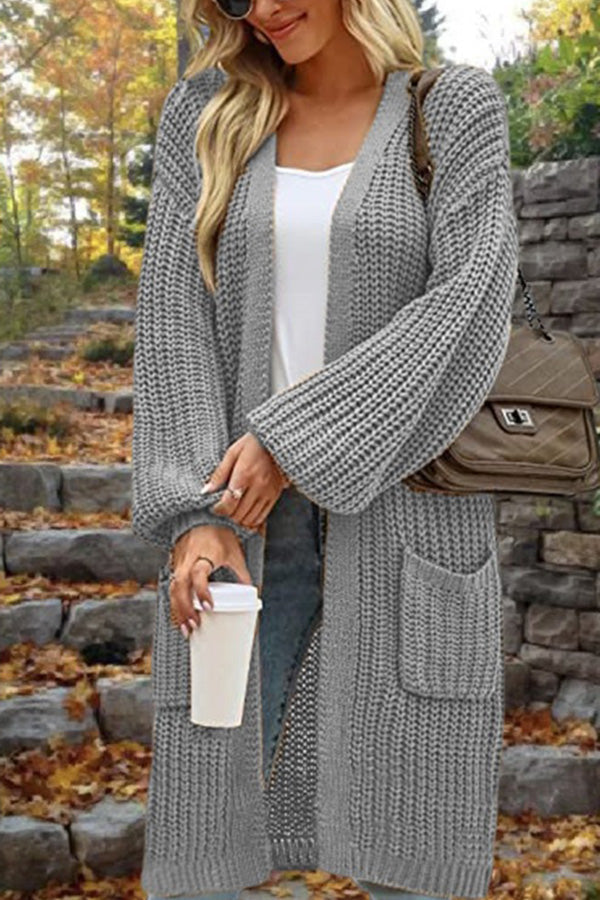 Mid-Length Loose Oversized Double Pocket Cardigan Sweater Jacket