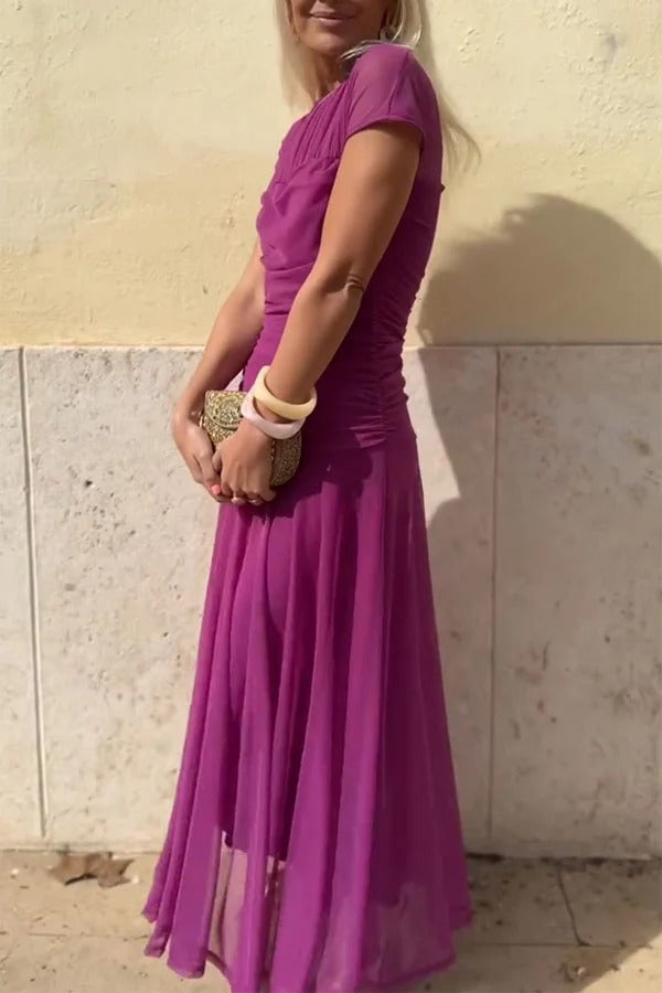 Chic Illusion Yoke Short Sleeve Flowy Long Dress