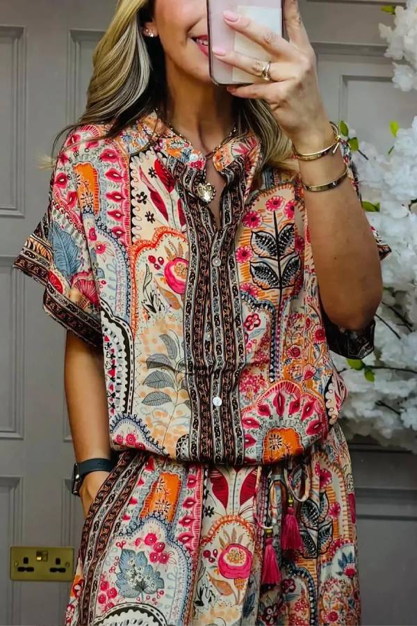 Boho Printed Fringe-Accented Loose Blouse