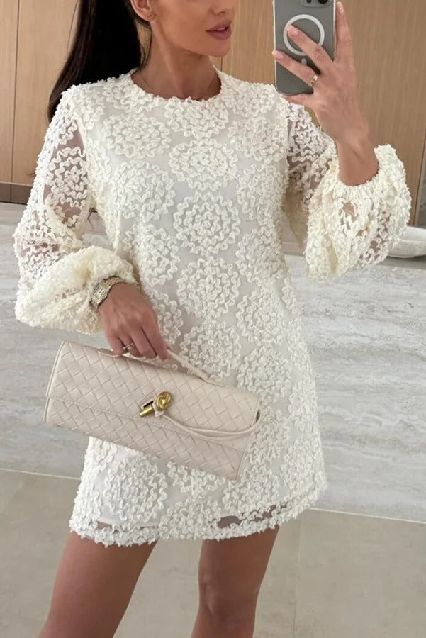 Love Note Lace Texture Fabric Balloon Sleeves Loose Mini Dress
