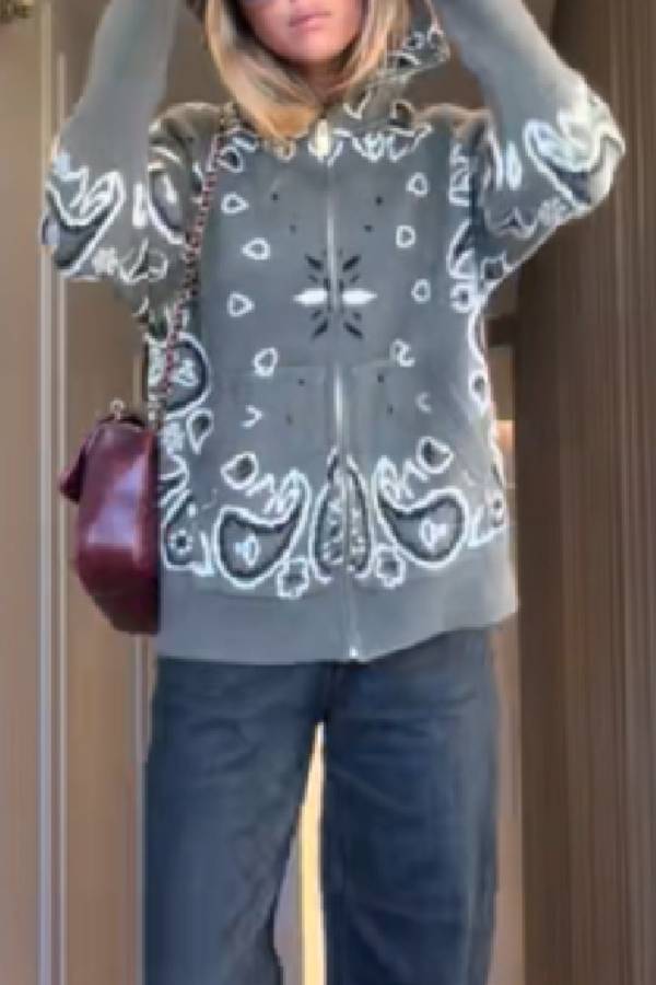 Paisley Bandana Print Zip Up Knit Jacket