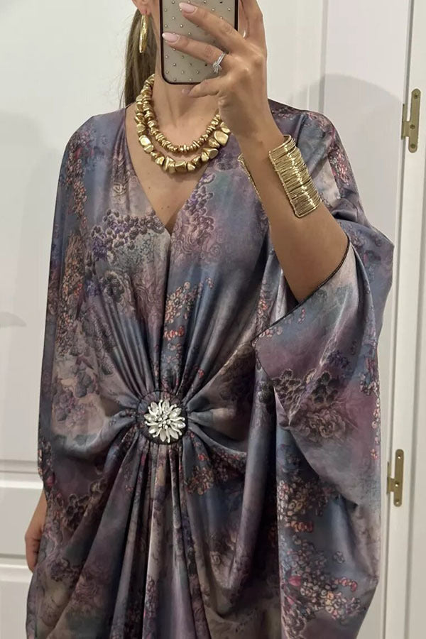 Satin Printed Rhinestone Twist Loose Kaftan Maxi Dress