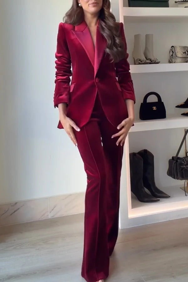 Delicate Daze Velvet Satin Lapel Button Up Long Sleeve Tapered Waist Blazer
