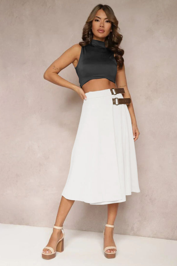 Leather Stitching Solid Color Fashionable Skirt, Elegant and Artistic Retro Skirt for Women