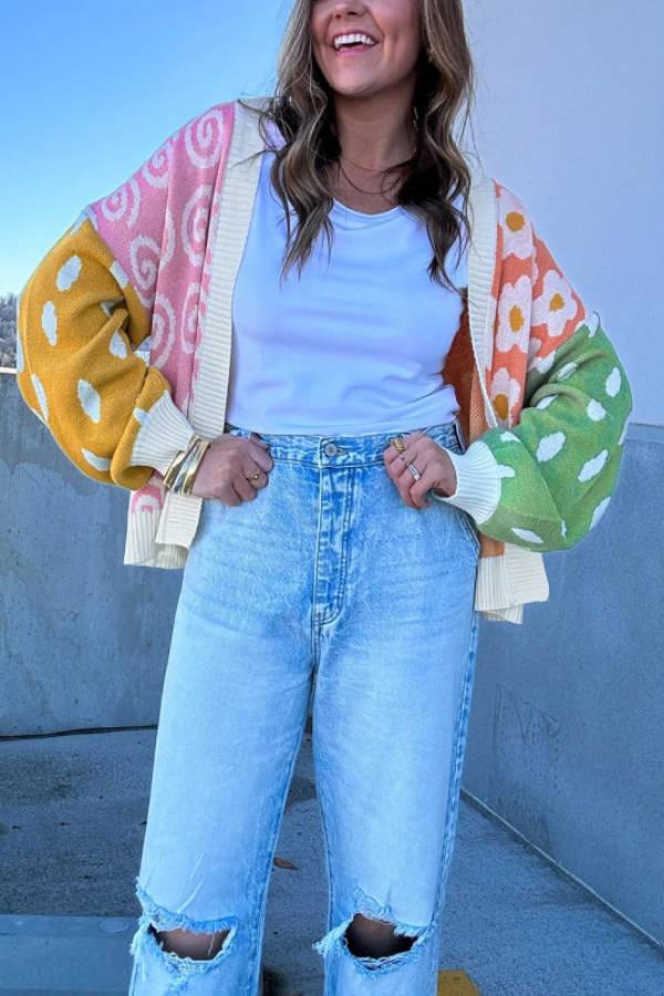 Orange Flower & Dotted Print Colorblock Open Front Cardigan