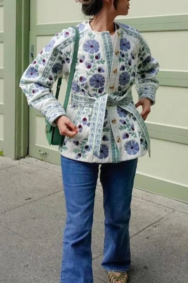 Vintage Floral Quilted Belted Cotton Jacket