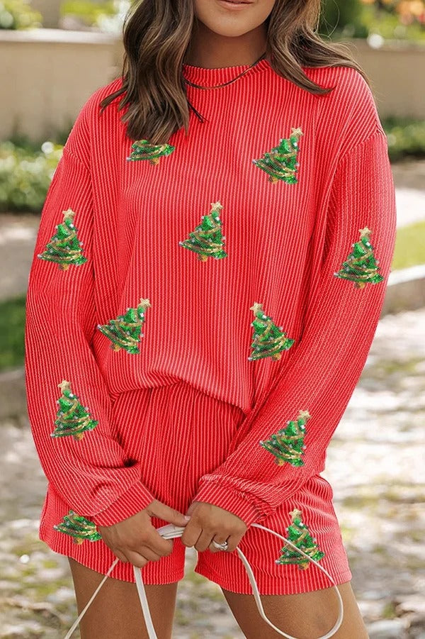 Christmas Sequined Loose Long-sleeved Top and Elastic Waist Casual Shorts Set