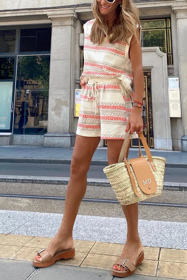Beige Striped Print Dolman Top & Drawstring Shorts Set