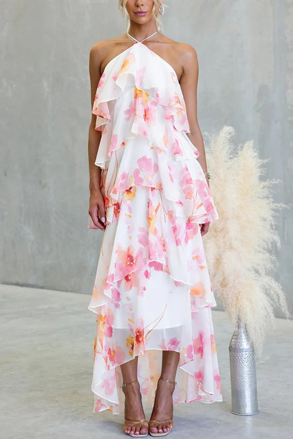 Poetic Eden Chiffon Floral Print Tiered Ruffles Halter A-line Maxi Dress