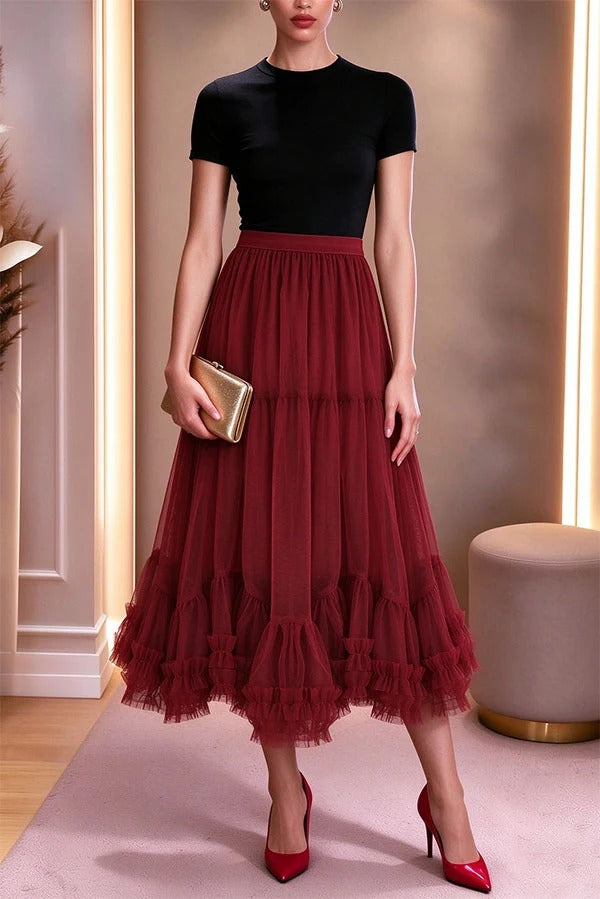 Sweet Style Mesh Elastic Waistband Lettuce-edge Detail Puffy Midi Skirt