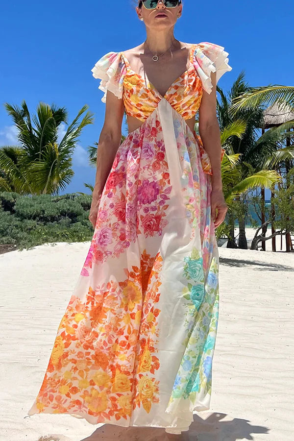 Blooming Beauty Multicolor Floral Frill Cutout Back Tie-up Maxi Dress