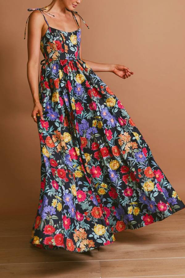 Spaghetti Strap Tie-Back Floral Print Waist-Cinched Maxi Dress