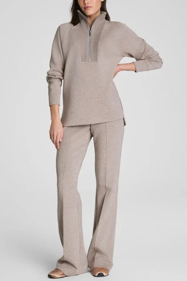 Alfia Ribbed Stand Zipper Neck Long Sleeve Sweatshirt and Button Elastic Waist Pocketed Loose Pants Set