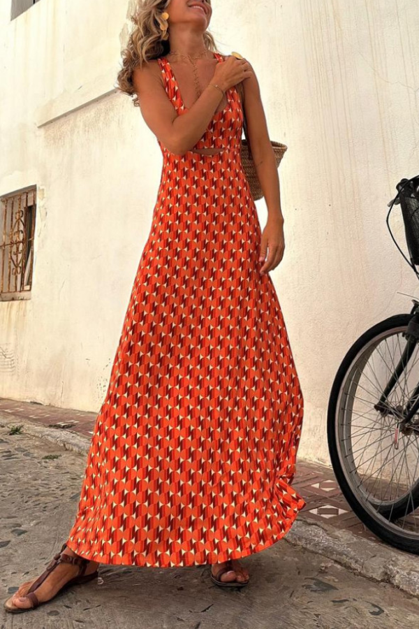 Orange Short Sleeve Regular Print Long Suspender Dress