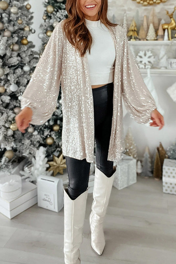 Apricot Sequin Bubble Sleeve Open Front Top
