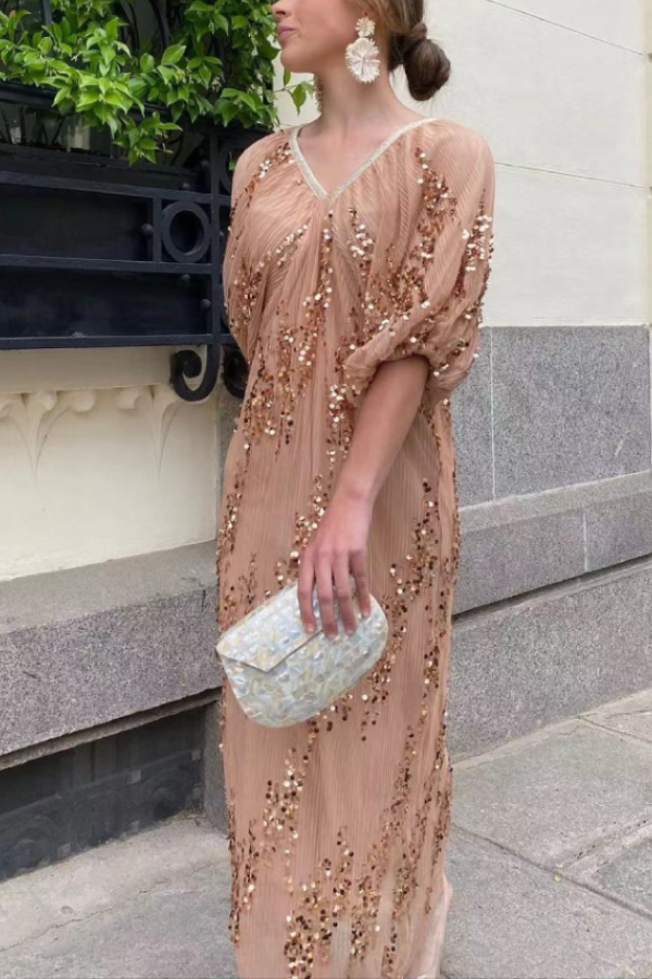 Batwing Sleeve Sequined Deep V Neck Long Dress
