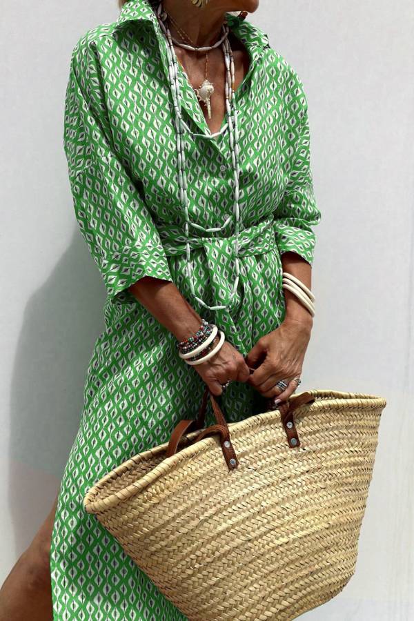 Bohemian Geometric Printed Belted Shirt Midi Dress