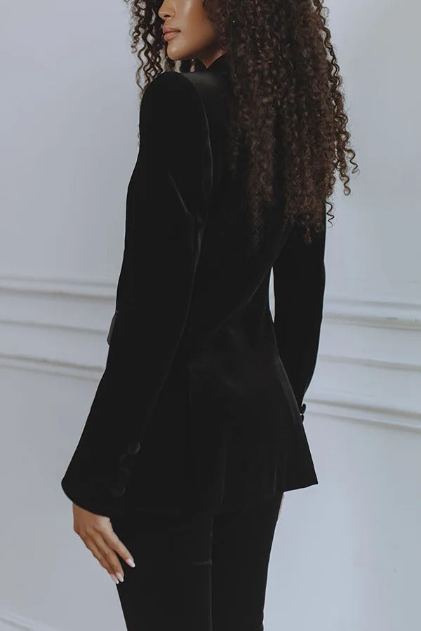 Delicate Daze Velvet Satin Lapel Button Up Long Sleeve Tapered Waist Blazer