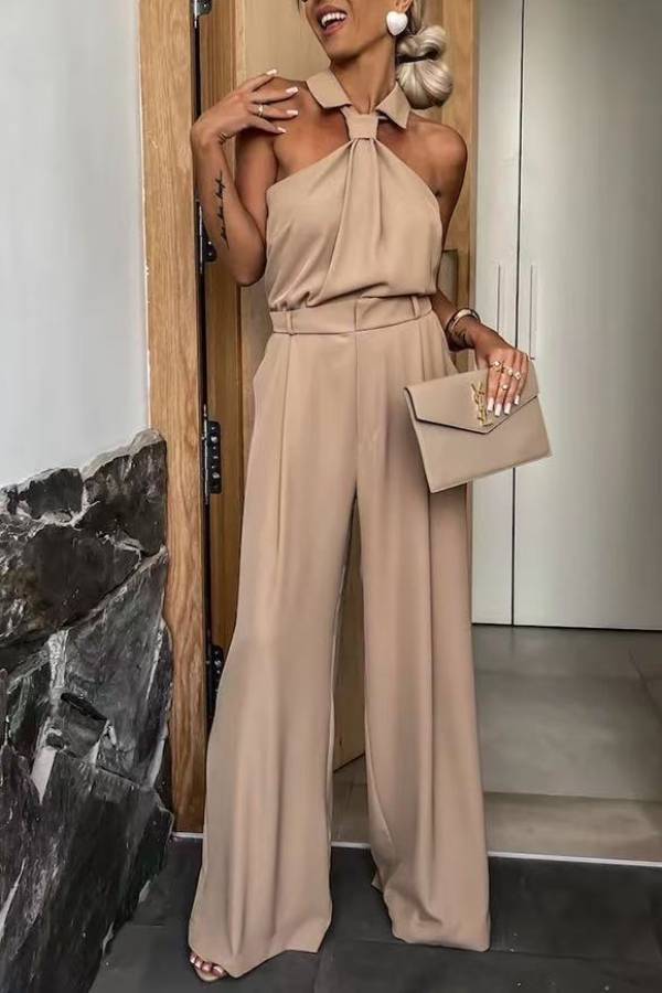 Collared Halter Backless High‑Waist Wide‑Leg Jumpsuit