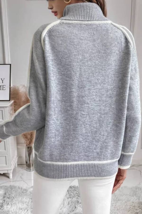 Women's Color Block White Trim Turtleneck Raglan Long Sleeve Sweater