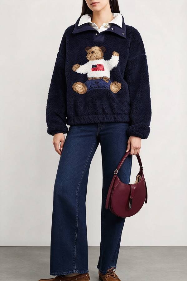 American Retro Polo Bear Pattern Stand Button Neck Long Sleeve Fleece Pullover