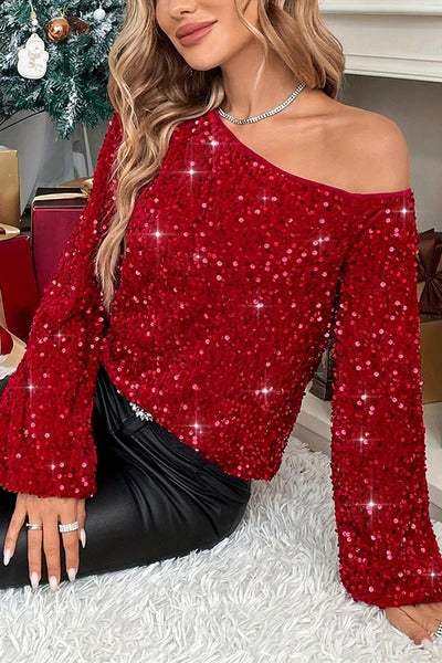 Fashionable Sequined Long-sleeved Off-neck Casual Top