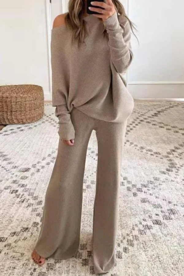 Casual Solid Color One-Shoulder Ladies Knit Set