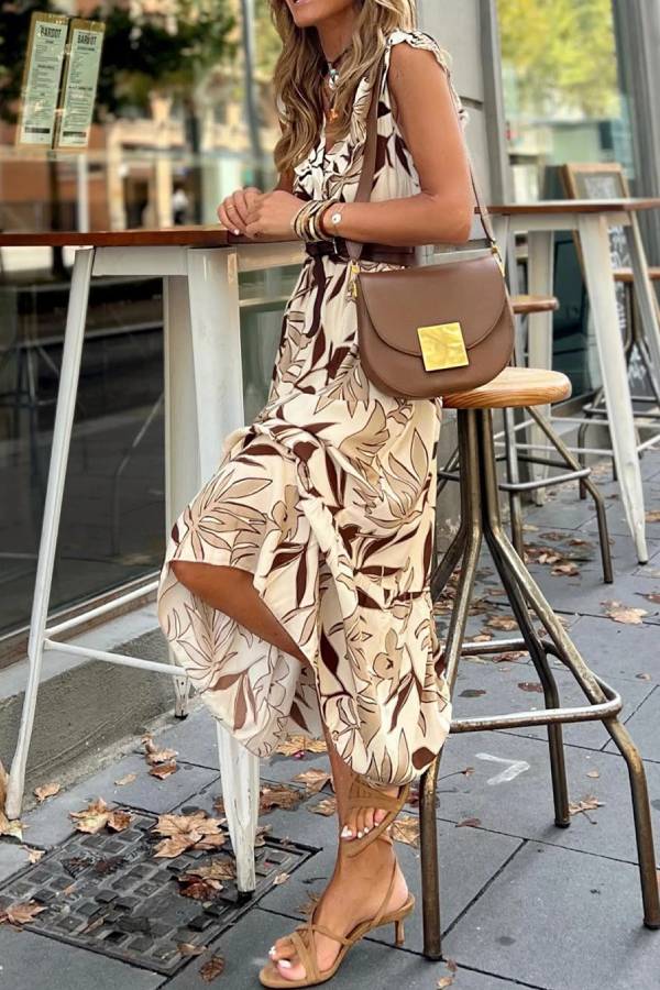 Brown Ruffled V Neck Leaves Print Long Dress