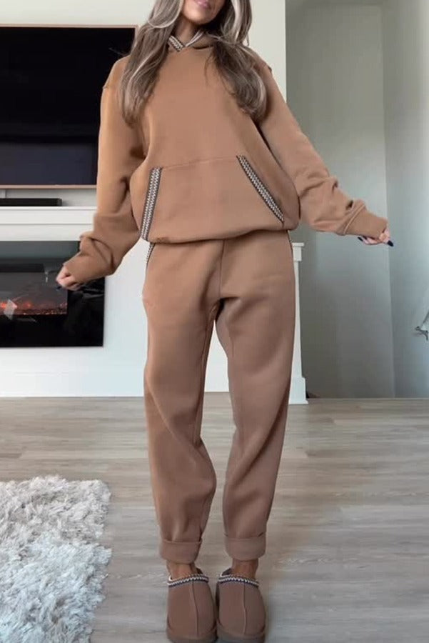 Tasman Braid Trim Kangaroo Pocket Hooded Sweatshirt and Elastic Waist Jogger Pants Set