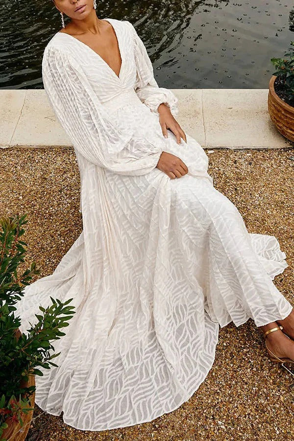 Wedding Guests Pleated Textured Chiffon Fabric Balloon Sleeve Open Back Maxi Dress