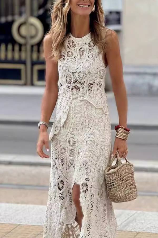 Sleeveless Hollow Crochet Lace Two Piece Maxi Skirt Set