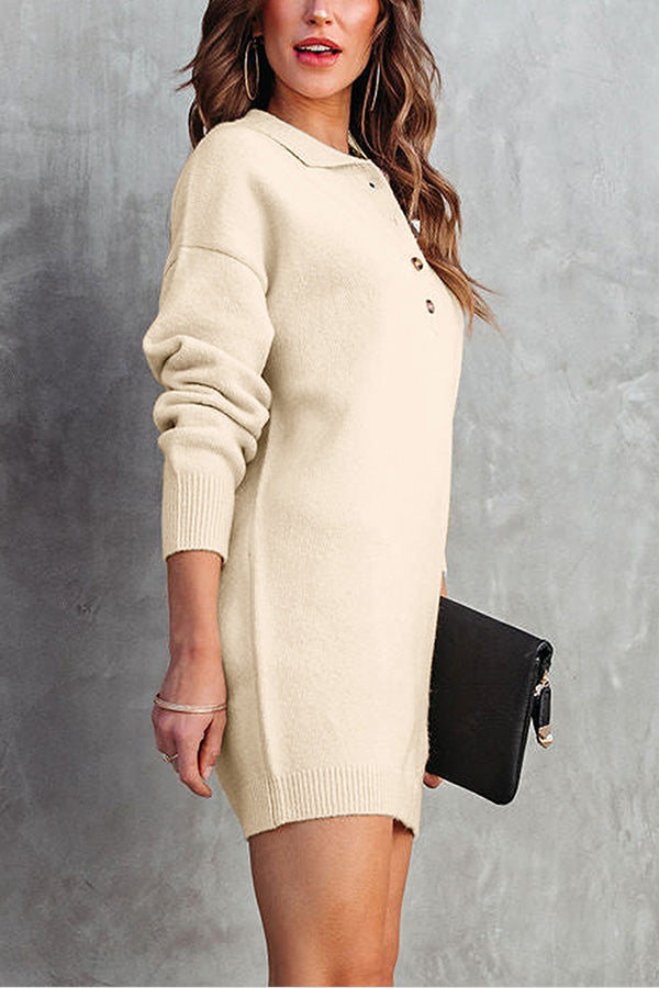Apricot Polo Collar Knitted Mini Sweater Shift Dress