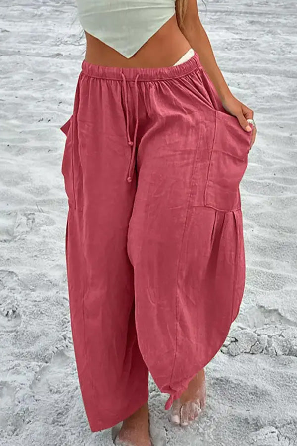 Elastic-waist Pleated Wide-leg Loose Cotton Linen Trousers